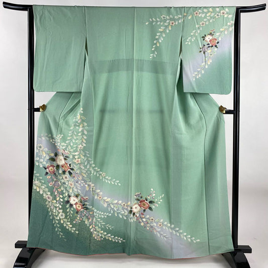 訪問服 身長162cm 袖長63cm S 雙層 草花紋紋 絞染 漸層 淺綠 純蠶絲 名品級