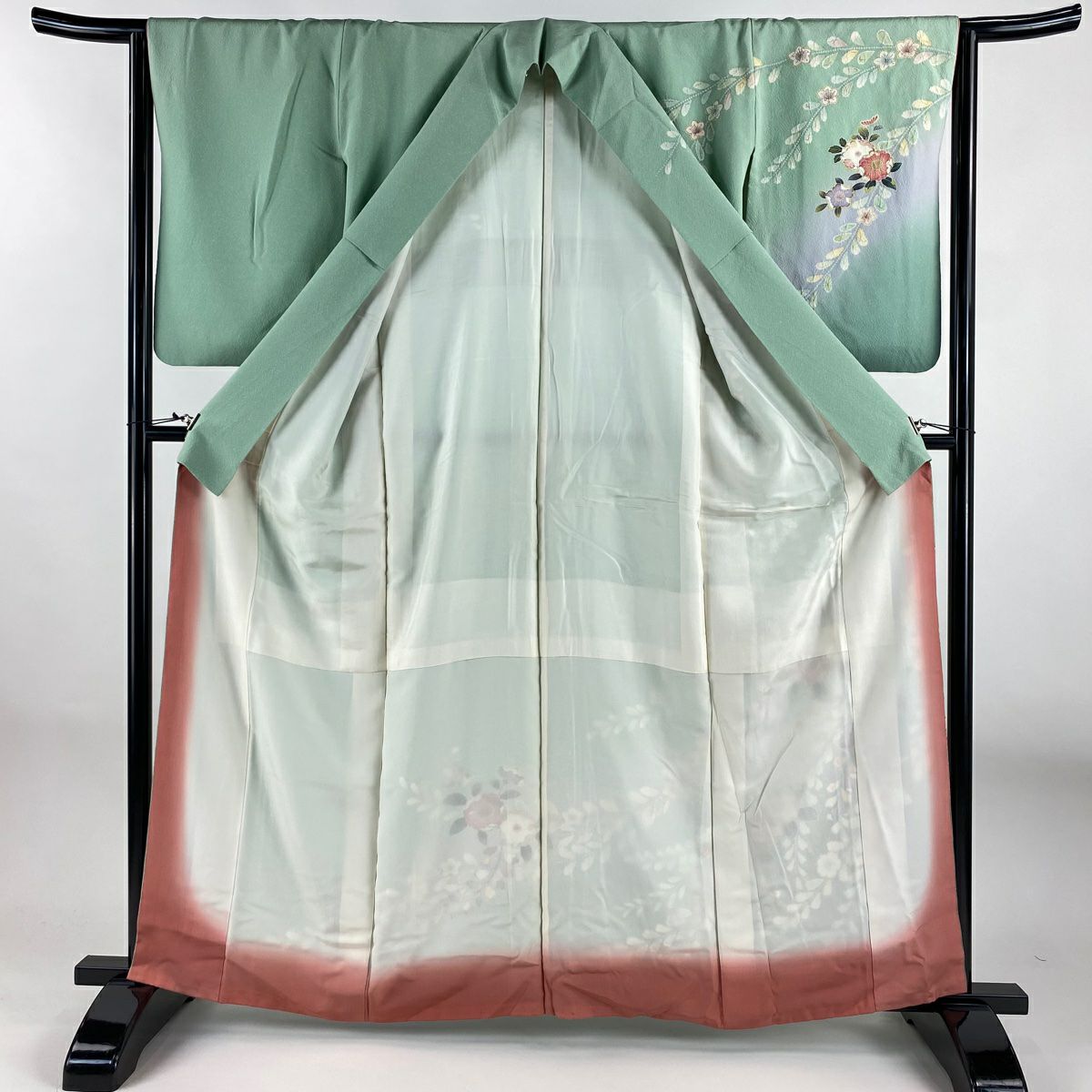 訪問服 身長162cm 袖長63cm S 雙層 草花紋紋 絞染 漸層 淺綠 純蠶絲 名品級