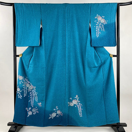 【美品】 付下 身長158cm 袖長63.5cm S 雙層 草花紋紋 漸層 青綠 純蠶絲 名品級