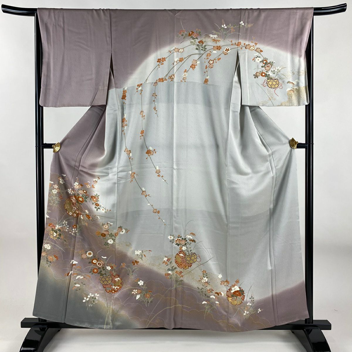 訪問服 身長159cm 袖長65.5cm M 雙層 雪輪 草花紋 金彩裝飾 染分 薄紫 純蠶絲 名品級