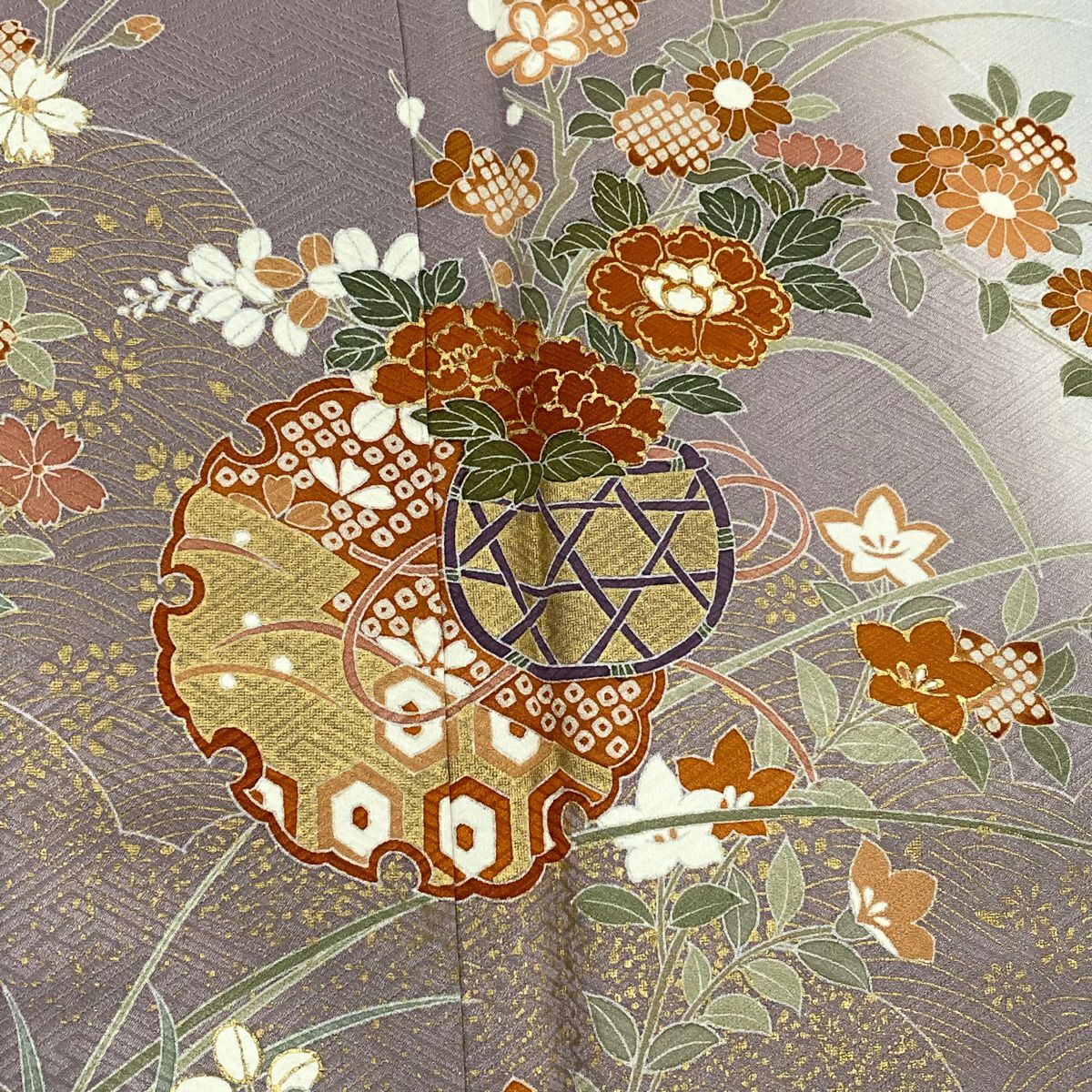 訪問服 身長159cm 袖長65.5cm M 雙層 雪輪 草花紋 金彩裝飾 染分 薄紫 純蠶絲 名品級