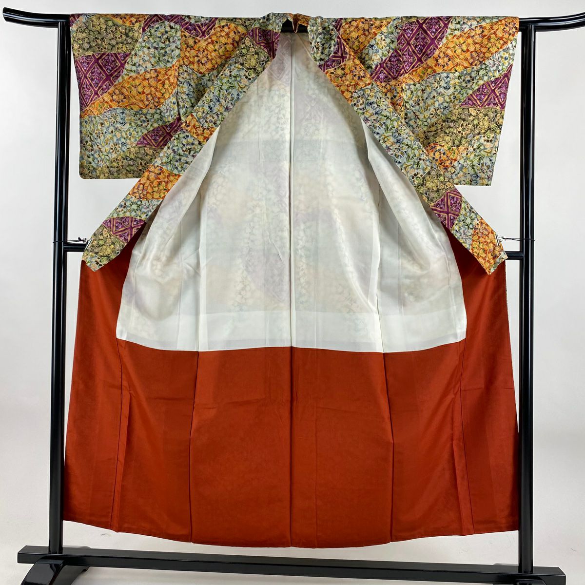 小紋 身長153.5cm 袖長62.5cm S 雙層 草花紋紋 菱形 橙色 純蠶絲 名品級