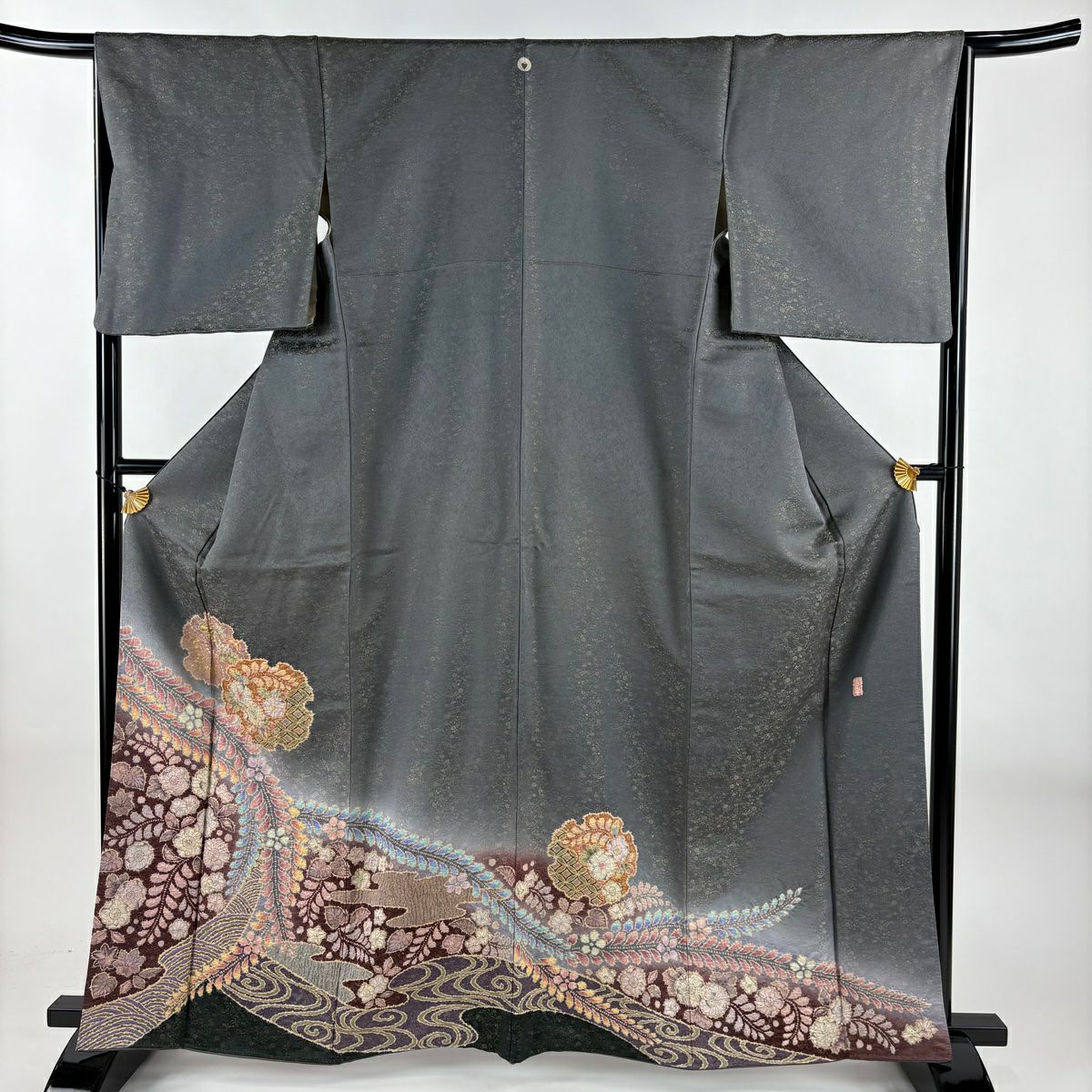 【美品】 付下 身長163.5cm 袖長66.5cm M 雙層 德永憲峯 落款あり 雪輪 辻花染 金通し 金銀彩 灰色 純蠶絲 逸品級 一つ紋