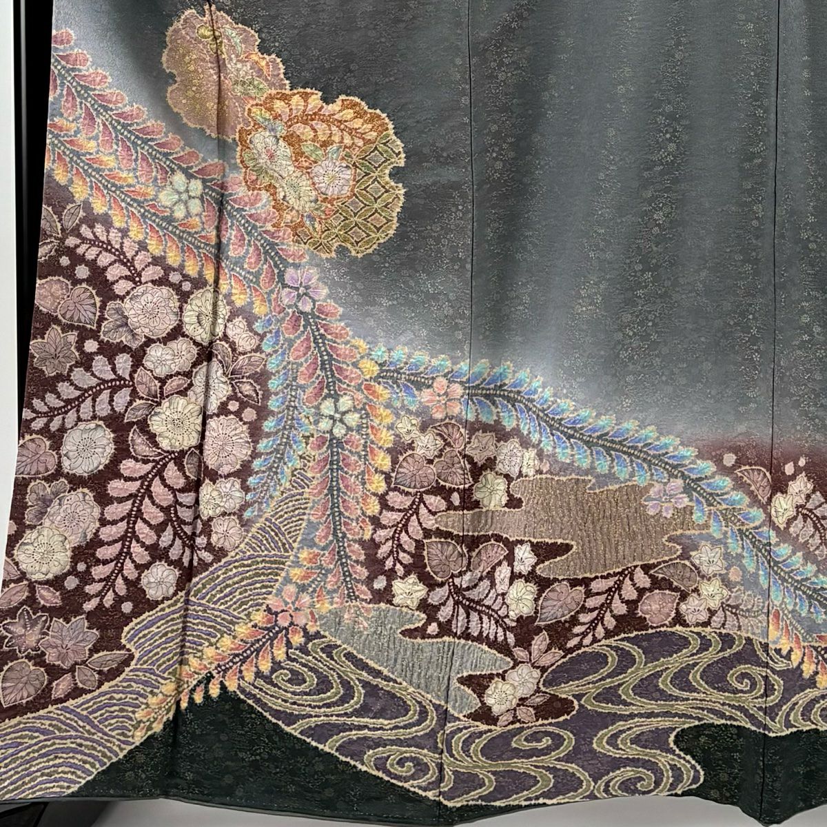 【美品】 付下 身長163.5cm 袖長66.5cm M 雙層 德永憲峯 落款あり 雪輪 辻花染 金通し 金銀彩 灰色 純蠶絲 逸品級 一つ紋