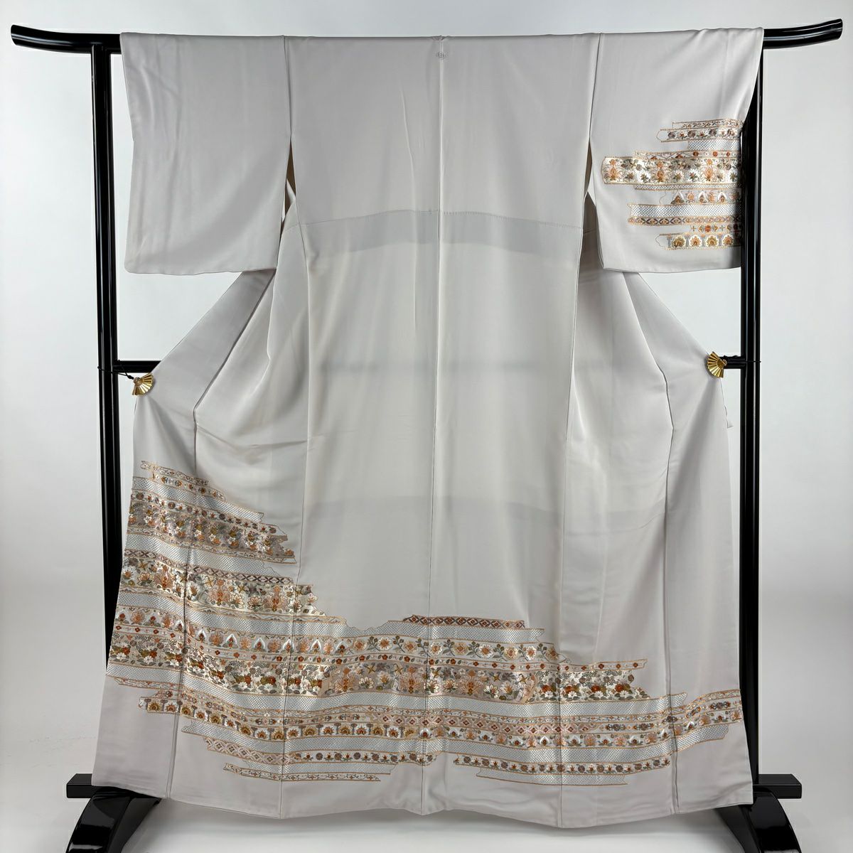 訪問服 身長162cm 袖長64.5cm M 雙層 草花紋紋 七寶紋 金糸 刺繡 灰茶 純蠶絲 逸品級 一つ紋