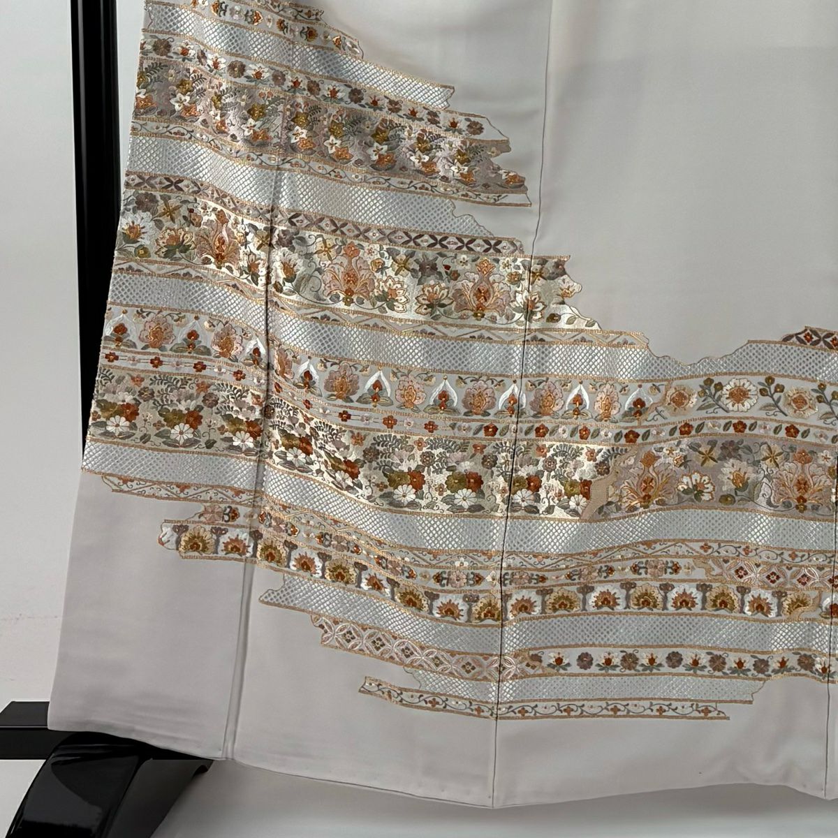 訪問服 身長162cm 袖長64.5cm M 雙層 草花紋紋 七寶紋 金糸 刺繡 灰茶 純蠶絲 逸品級 一つ紋