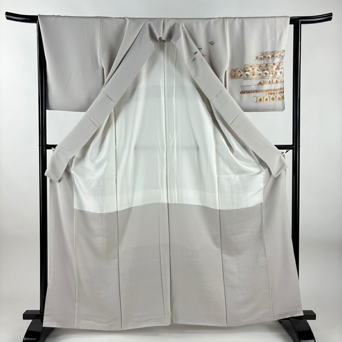 訪問服 身長162cm 袖長64.5cm M 雙層 草花紋紋 七寶紋 金糸 刺繡 灰茶 純蠶絲 逸品級 一つ紋