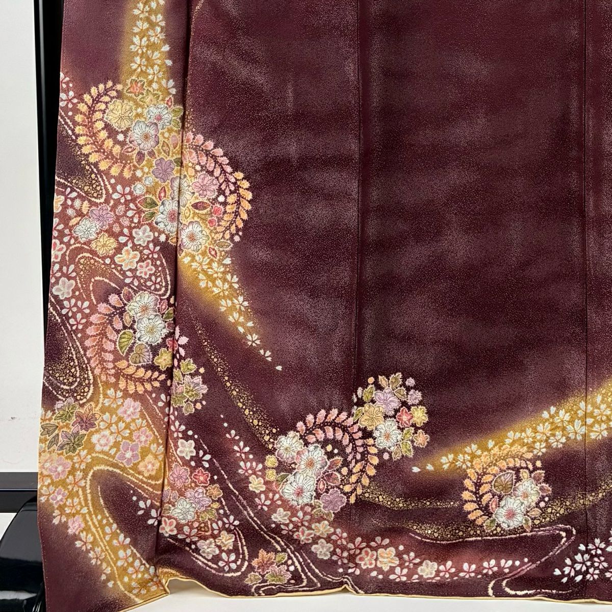 訪問服 身長172.5cm 袖長66cm M 雙層 徳永憲峯 落款あり 辻花染 流水 銀通 金銀彩 茶紫 純蠶絲 逸品級