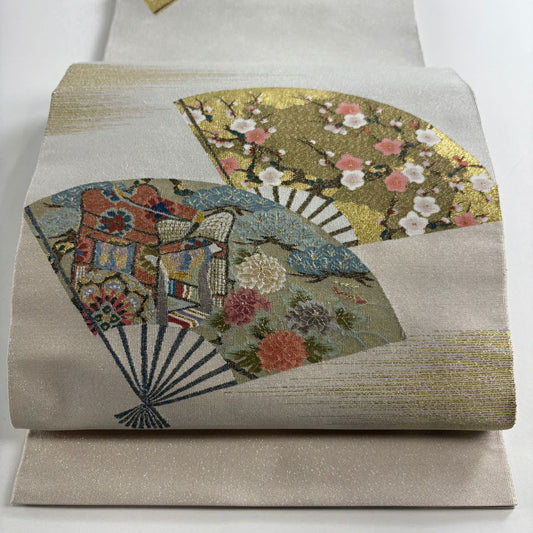 【美品】 袋帶 名品級 大和 扇子子 霞 金絲 米色 大鼓圖案 純蠶絲