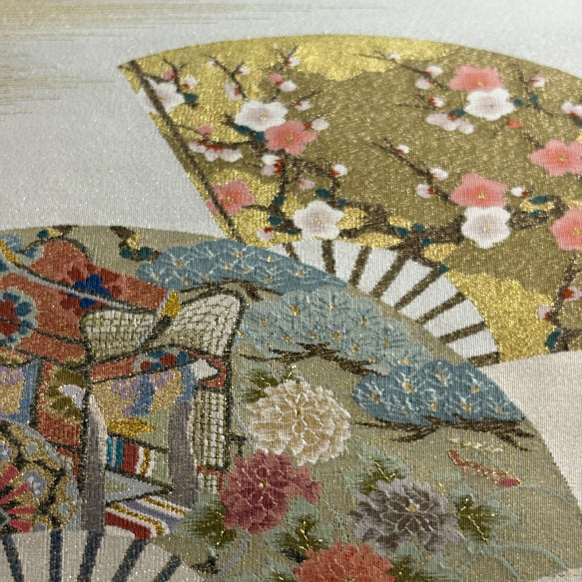 【美品】 袋帶 名品級 大和 扇子子 霞 金絲 米色 大鼓圖案 純蠶絲