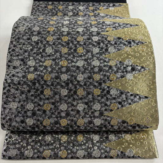 【美品】 袋帶 名品級 じゅらく 落款あり 幾何學圖案 金銀彩 金金箔 灰 深藍 六通 純蠶絲
