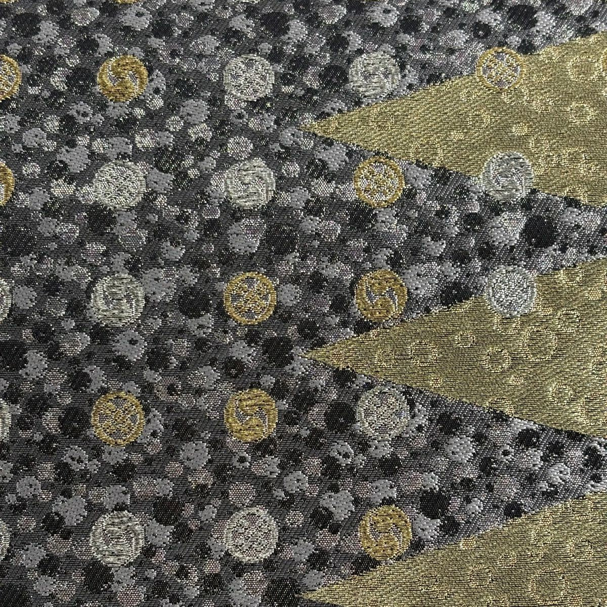 【美品】 袋帶 名品級 じゅらく 落款あり 幾何學圖案 金銀彩 金金箔 灰 深藍 六通 純蠶絲