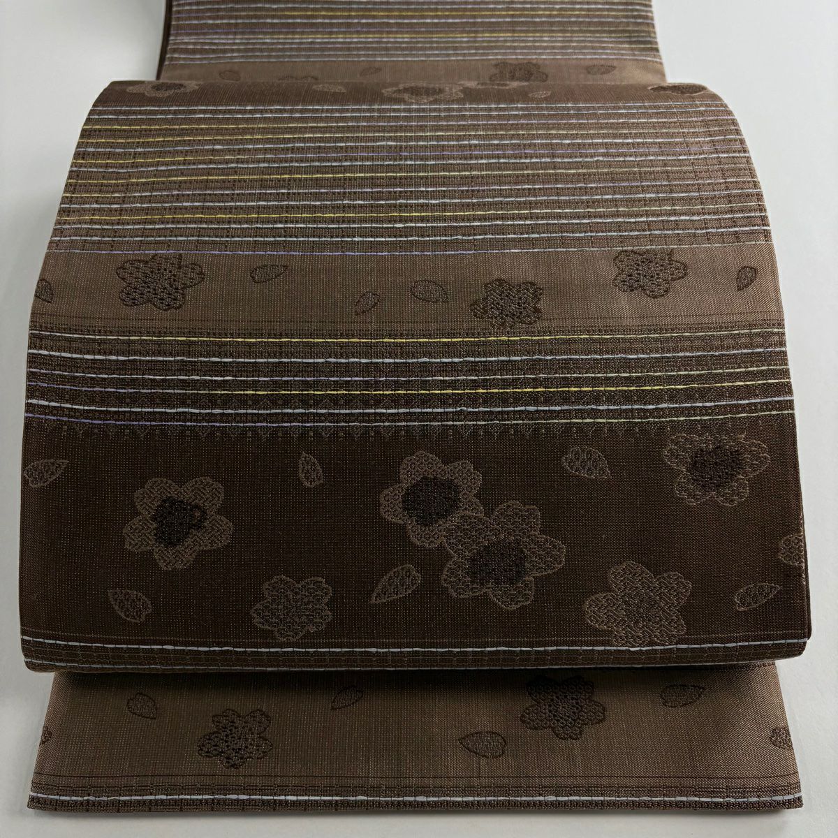 【美品】 袋帶 名品級 樱花 条纹 金丝 茶 六通 純蠶絲