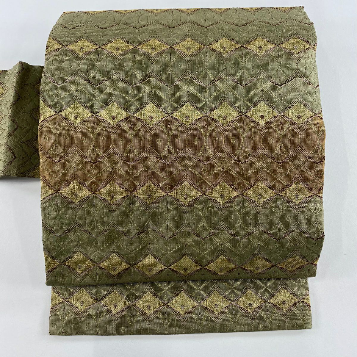 【美品】名古屋帶 秀品級 幾何學 金絲 薄茶 純蠶絲