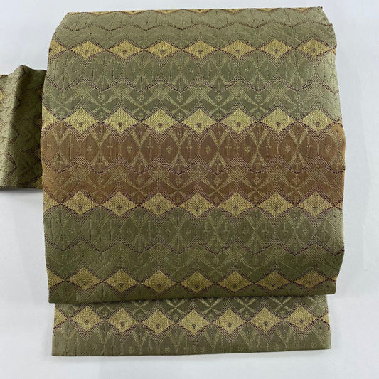 【美品】名古屋帶 秀品級 幾何學 金絲 薄茶 純蠶絲