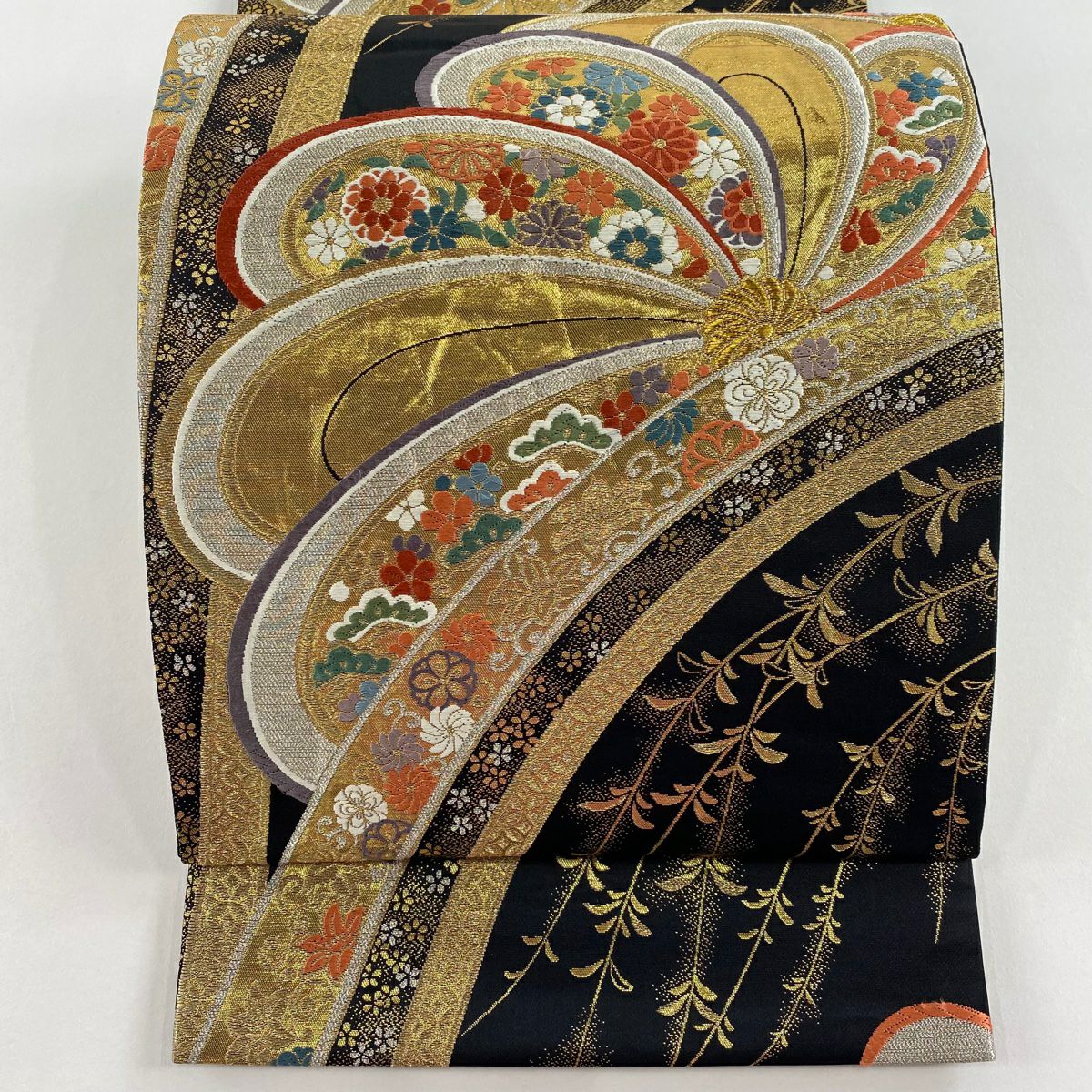 袋帶 秀品級 花 松樹梅花 金金箔 金絲 黑 六通 純蠶絲