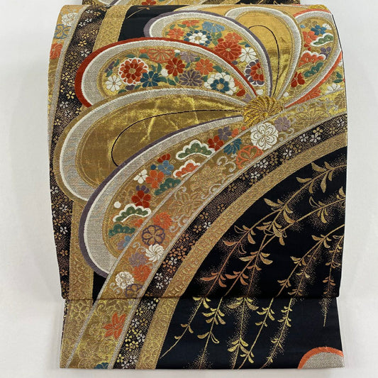 袋帶 秀品級 花 松樹梅花 金金箔 金絲 黑 六通 純蠶絲