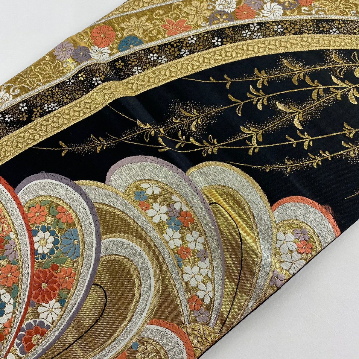 袋帶 秀品級 花 松樹梅花 金金箔 金絲 黑 六通 純蠶絲
