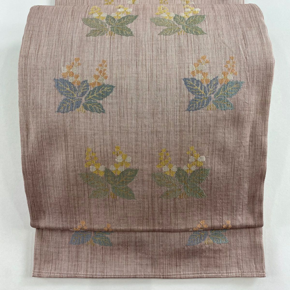 【美品】 袋帶 秀品級 草花紋紋 金金箔 淺粉色 六通 純蠶絲