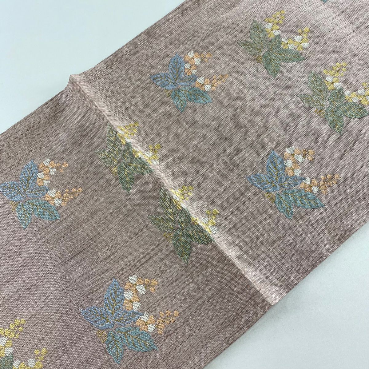 【美品】 袋帶 秀品級 草花紋紋 金金箔 淺粉色 六通 純蠶絲