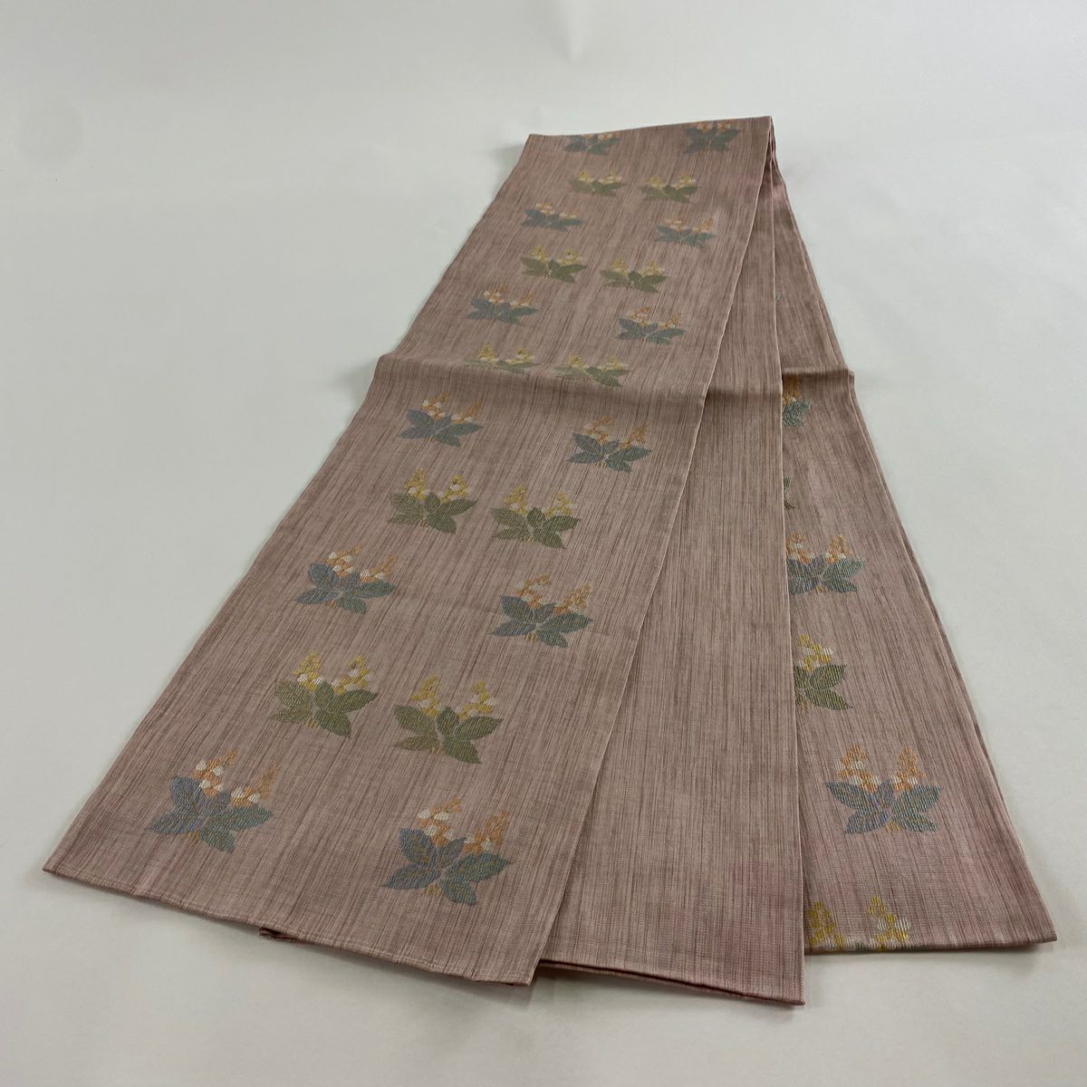 【美品】 袋帶 秀品級 草花紋紋 金金箔 淺粉色 六通 純蠶絲