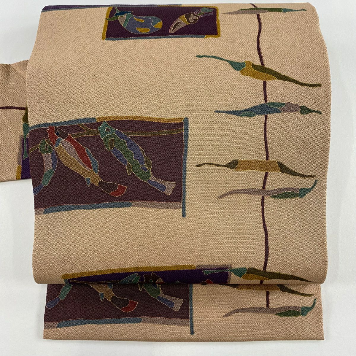 【美品】 名古屋帶 秀品級 生物 魚 絞染 金彩裝飾 淺茶 純蠶絲