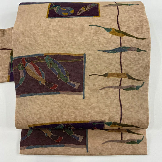 【美品】 名古屋帶 秀品級 生物 魚 絞染 金彩裝飾 淺茶 純蠶絲