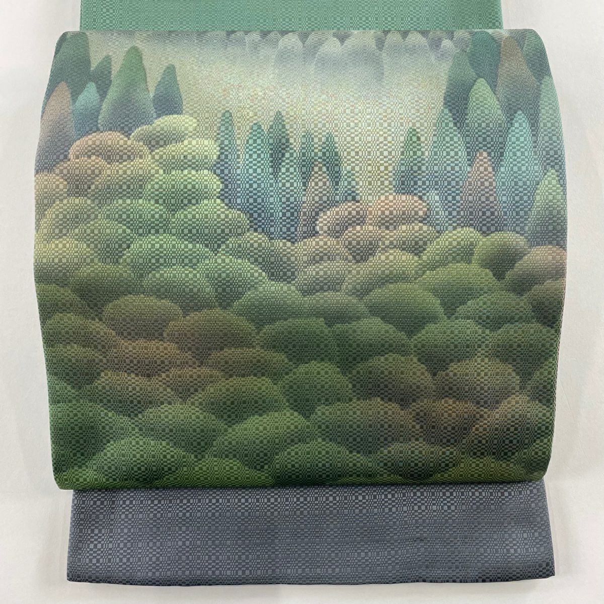 【美品】 袋帶 秀品級 樹木 灰綠 お太鼓圖案 純蠶絲