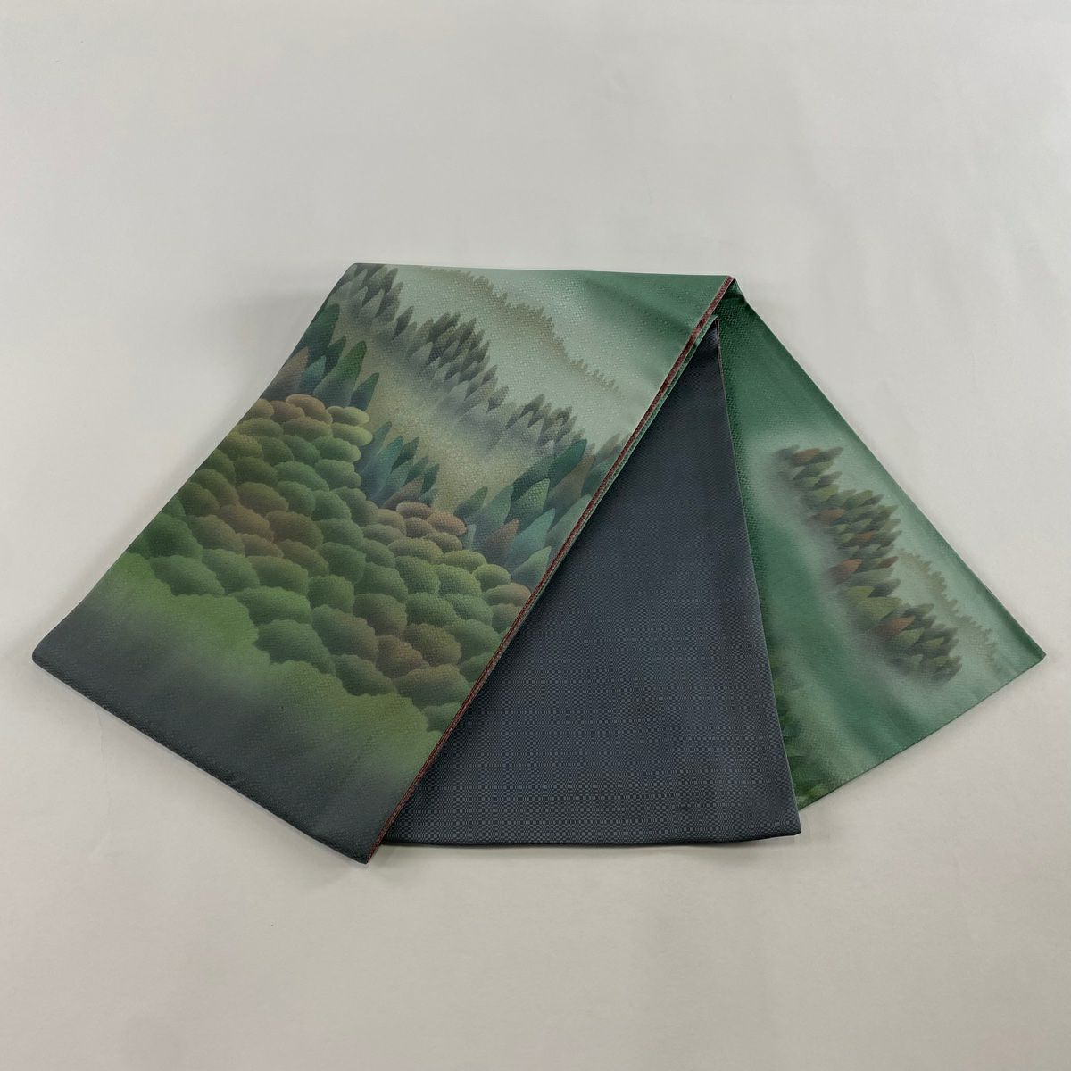 【美品】 袋帶 秀品級 樹木 灰綠 お太鼓圖案 純蠶絲