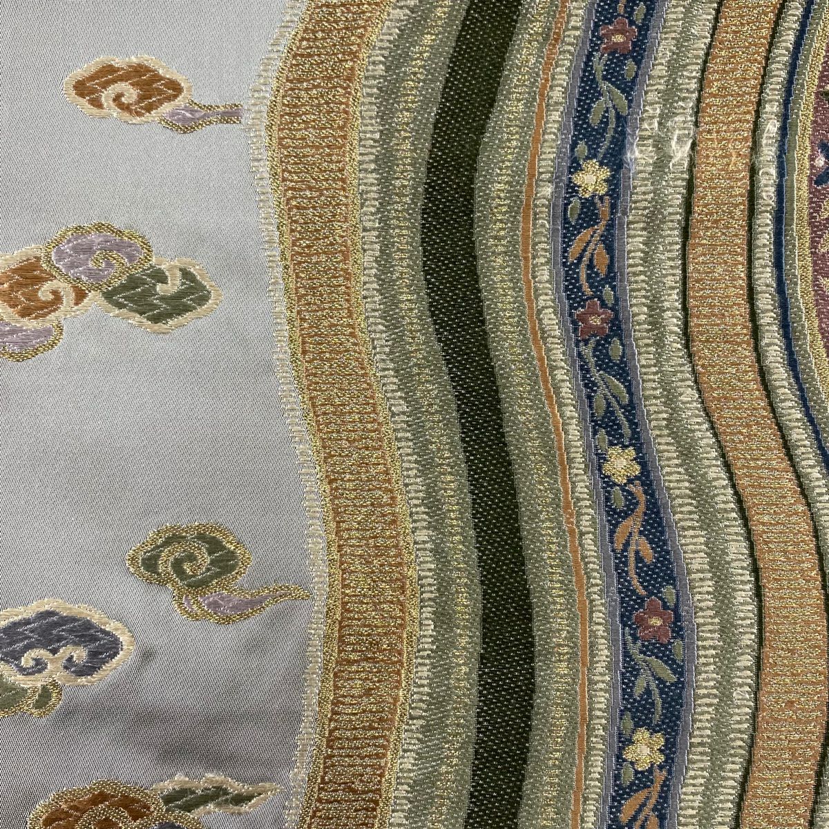 袋帶 秀品級 斜條 草花紋刺繡 金絲 灰綠 六通 純蠶絲
