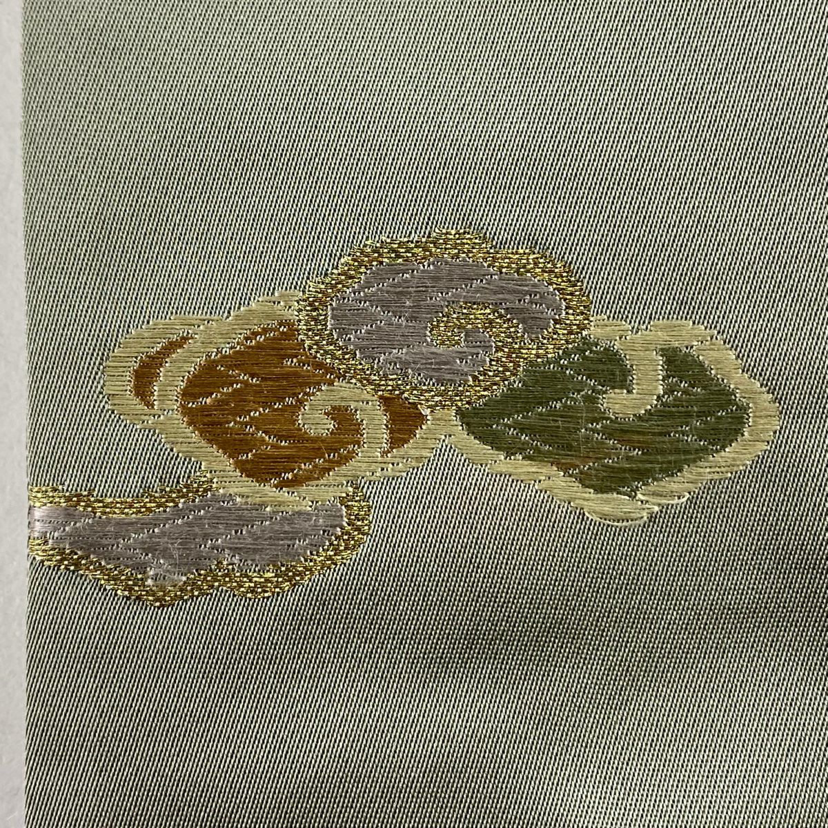 袋帶 秀品級 斜條 草花紋刺繡 金絲 灰綠 六通 純蠶絲