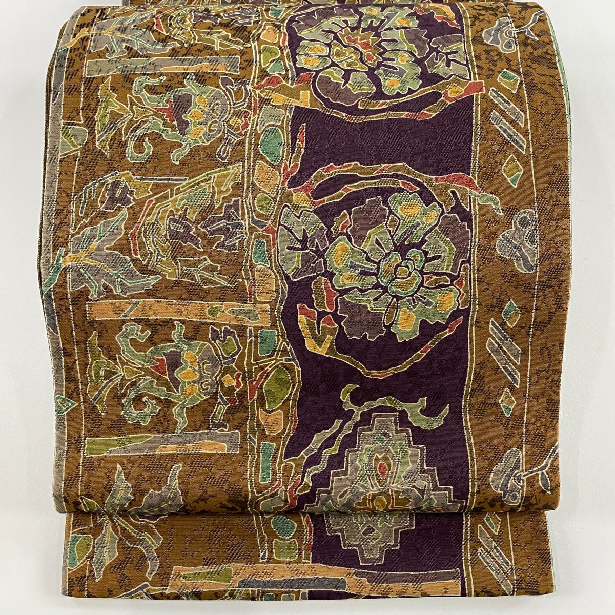 【美品】 袋帶 秀品級 縞 幾何圖案 山吹茶 純蠶絲