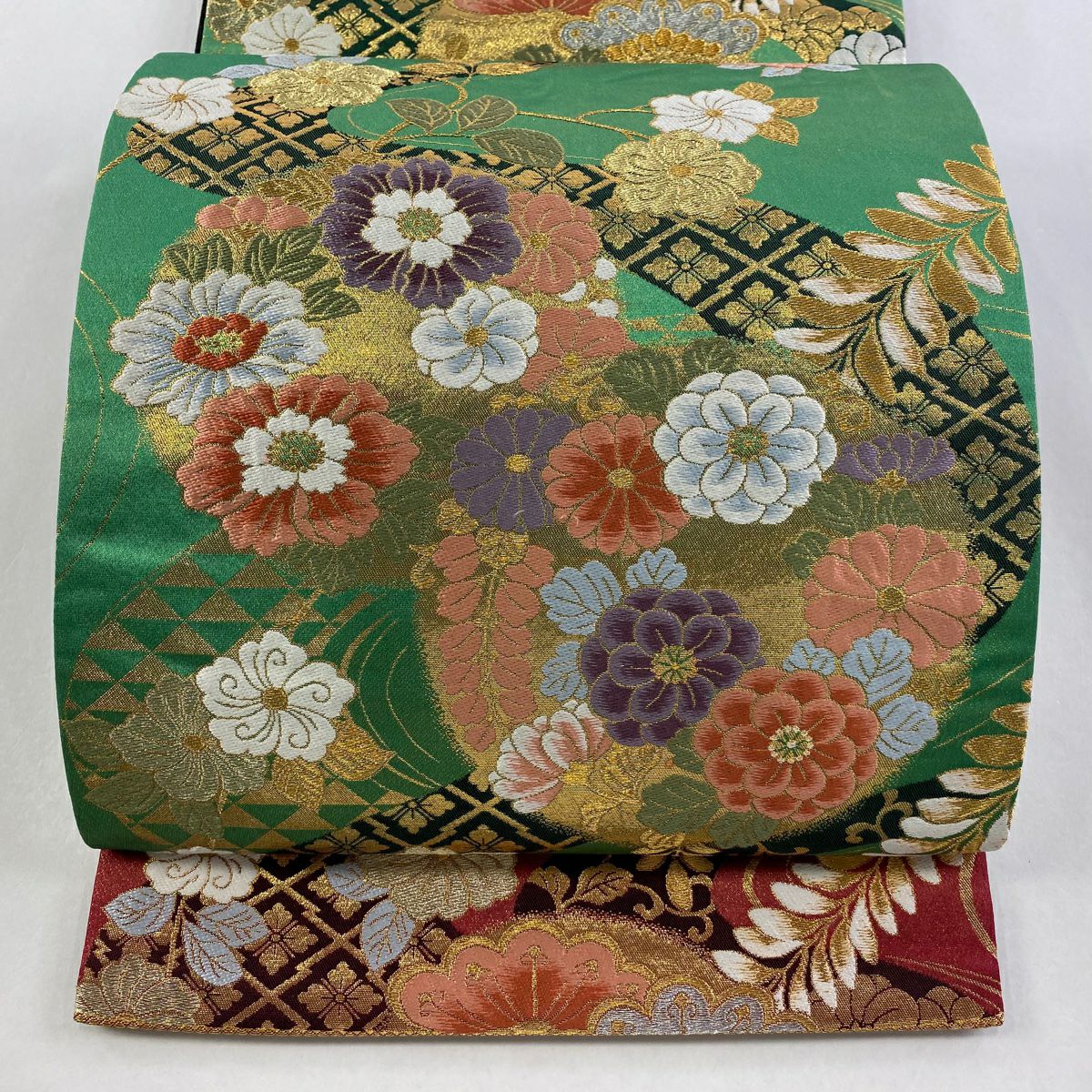 袋帶 秀品級 花丸紋 花菱 金絲 金金箔 綠 六通 純蠶絲