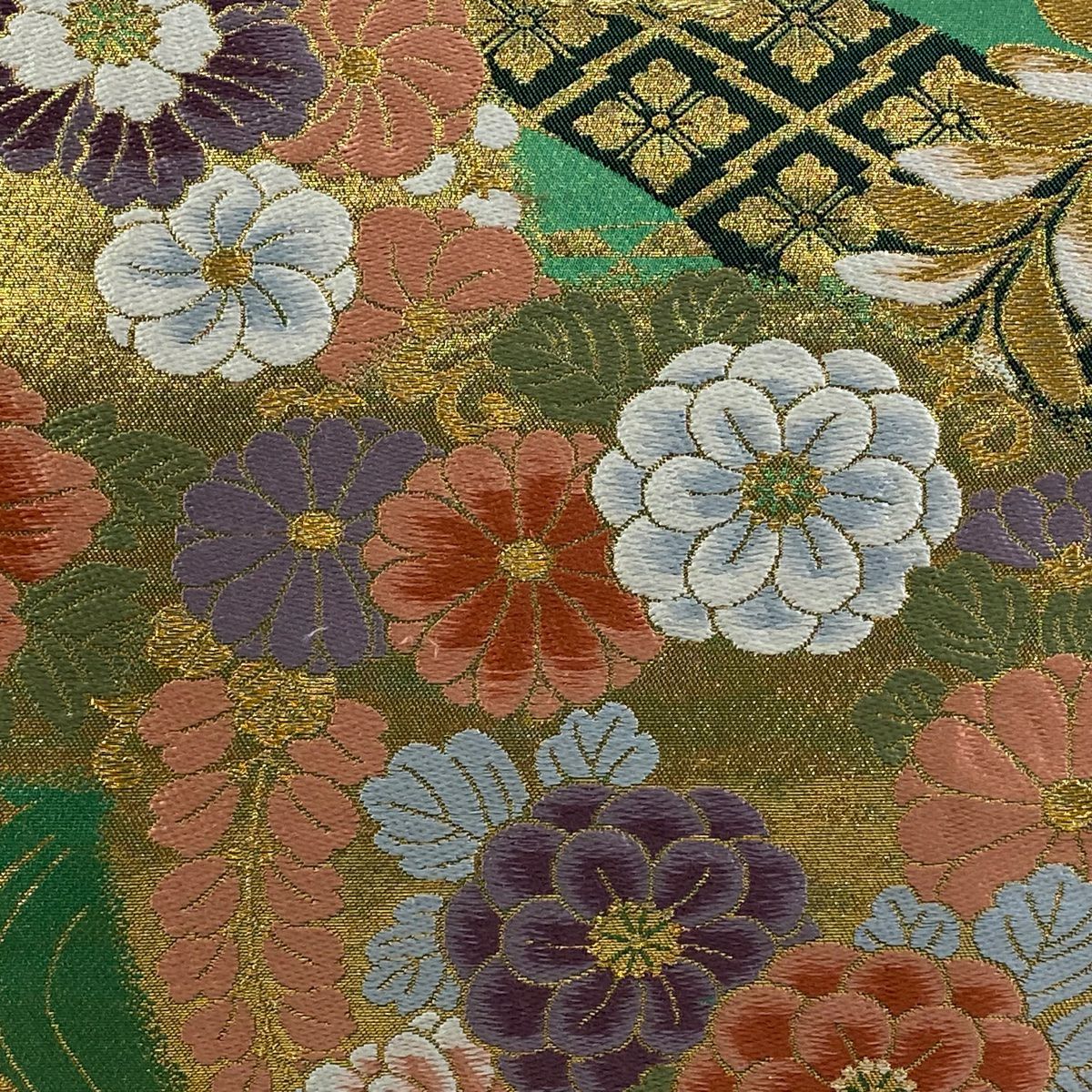 袋帶 秀品級 花丸紋 花菱 金絲 金金箔 綠 六通 純蠶絲