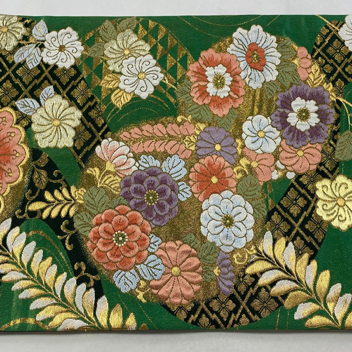 袋帶 秀品級 花丸紋 花菱 金絲 金金箔 綠 六通 純蠶絲