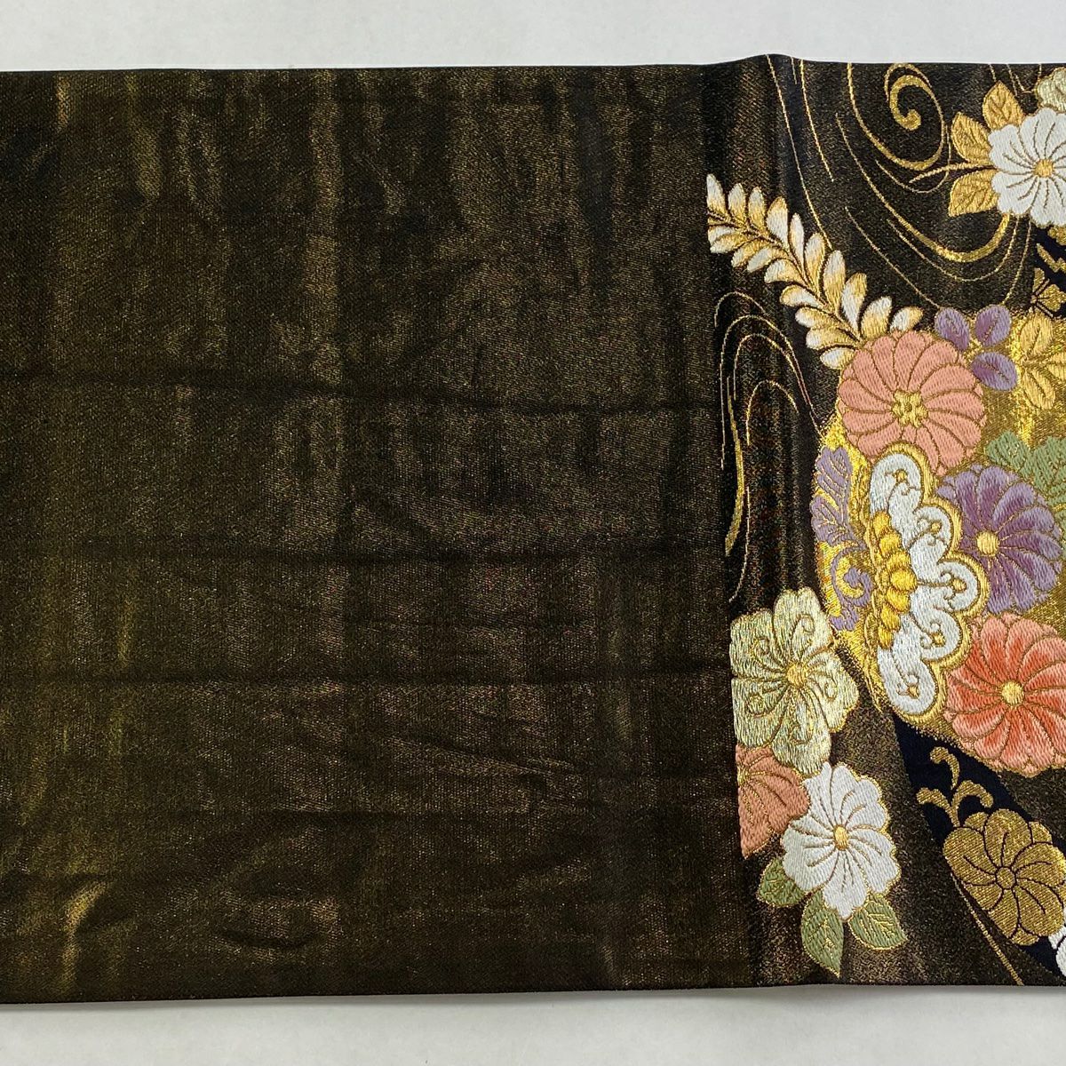 袋帶 秀品級 花丸紋 花菱 金絲 金金箔 綠 六通 純蠶絲