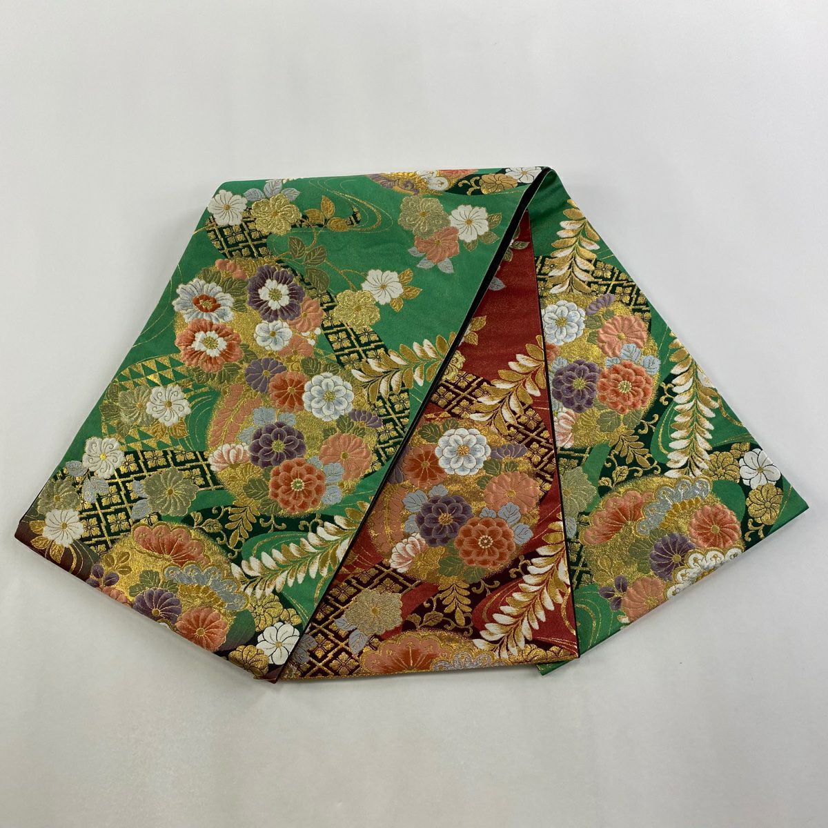 袋帶 秀品級 花丸紋 花菱 金絲 金金箔 綠 六通 純蠶絲