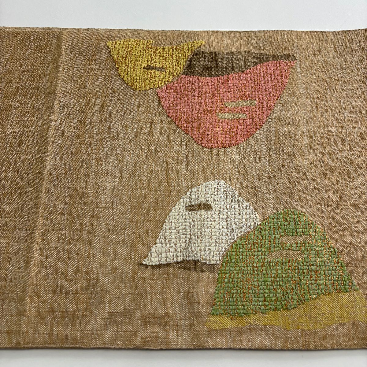 【美品】 袋帶 秀品級 落款あり 紬織織 山並 青海波 金金箔 茶 お太鼓圖案 純蠶絲