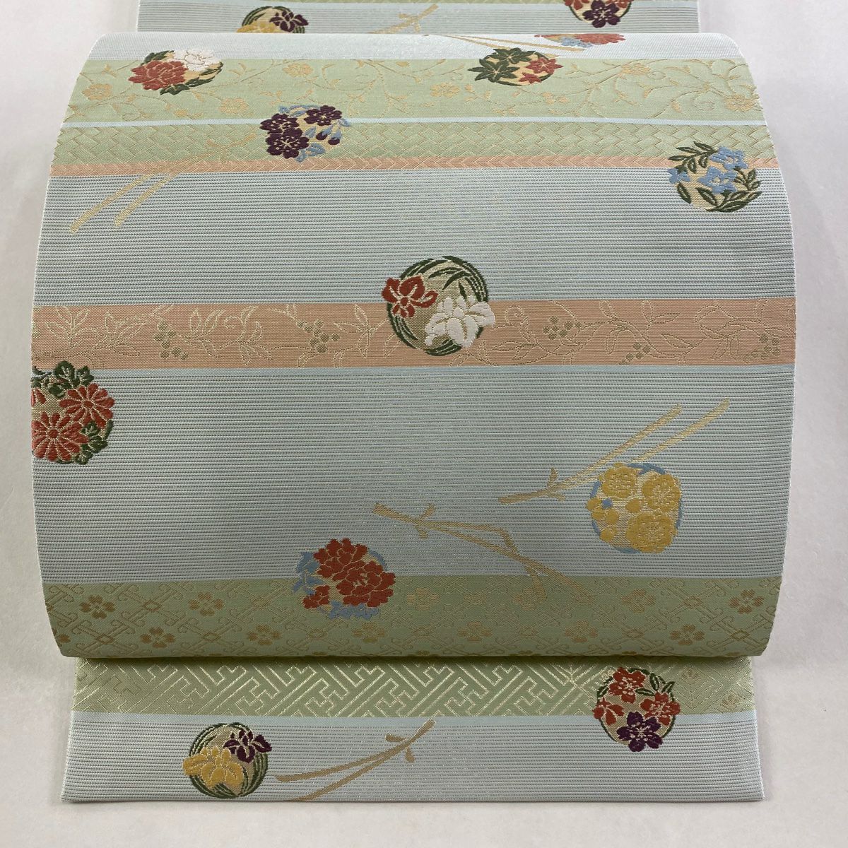 【美品】 袋帶 秀品級 花丸紋 縞 金金箔 水藍色 六通 純蠶絲