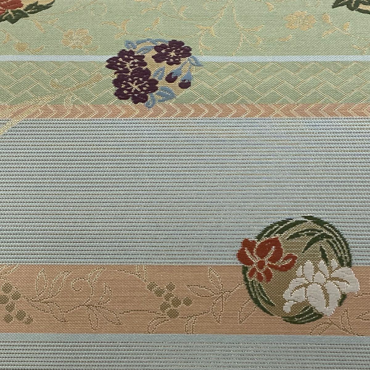 【美品】 袋帶 秀品級 花丸紋 縞 金金箔 水藍色 六通 純蠶絲