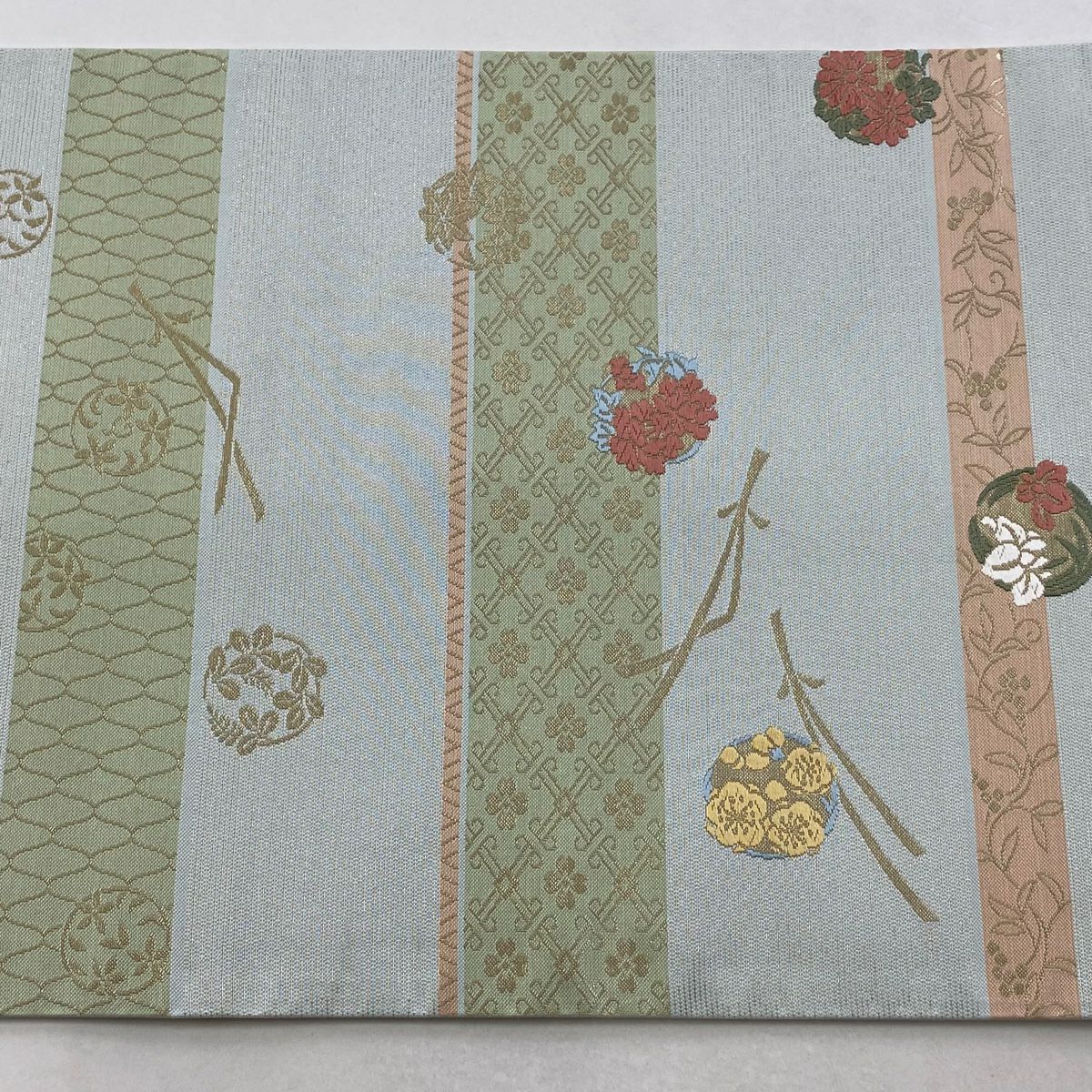 【美品】 袋帶 秀品級 花丸紋 縞 金金箔 水藍色 六通 純蠶絲
