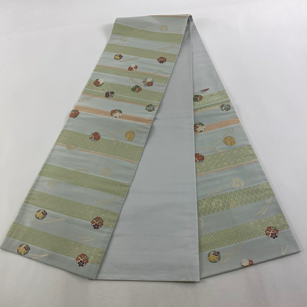 【美品】 袋帶 秀品級 花丸紋 縞 金金箔 水藍色 六通 純蠶絲