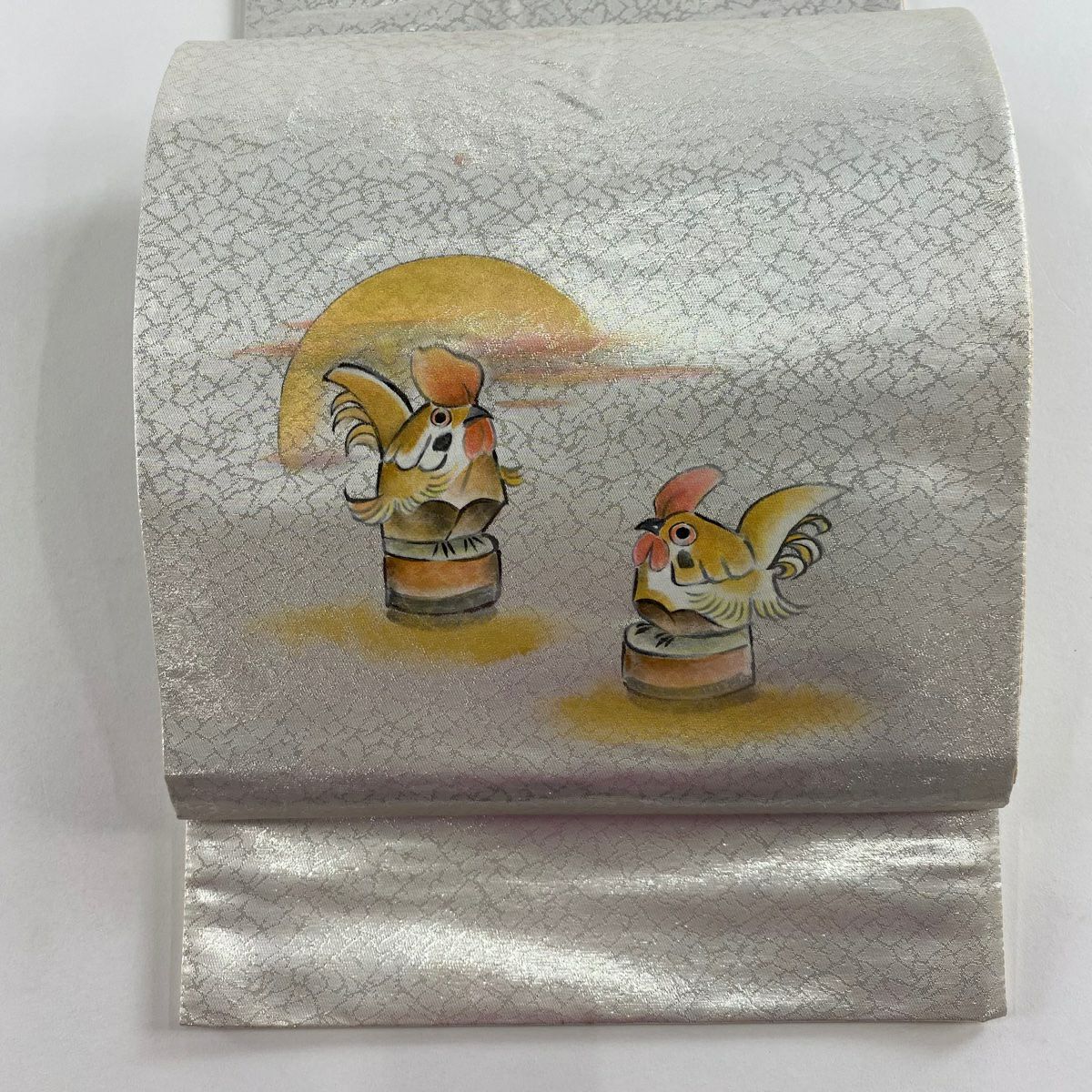 袋帶 秀品級 鶏 朝日 金金箔 金銀彩 灰白 お太鼓圖案 純蠶絲