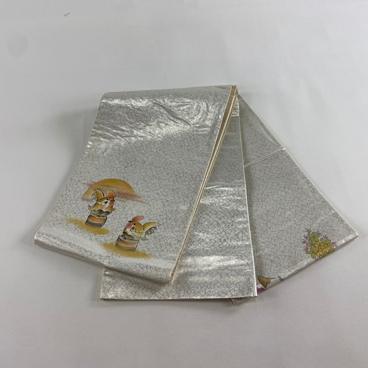 袋帶 秀品級 鶏 朝日 金金箔 金銀彩 灰白 お太鼓圖案 純蠶絲