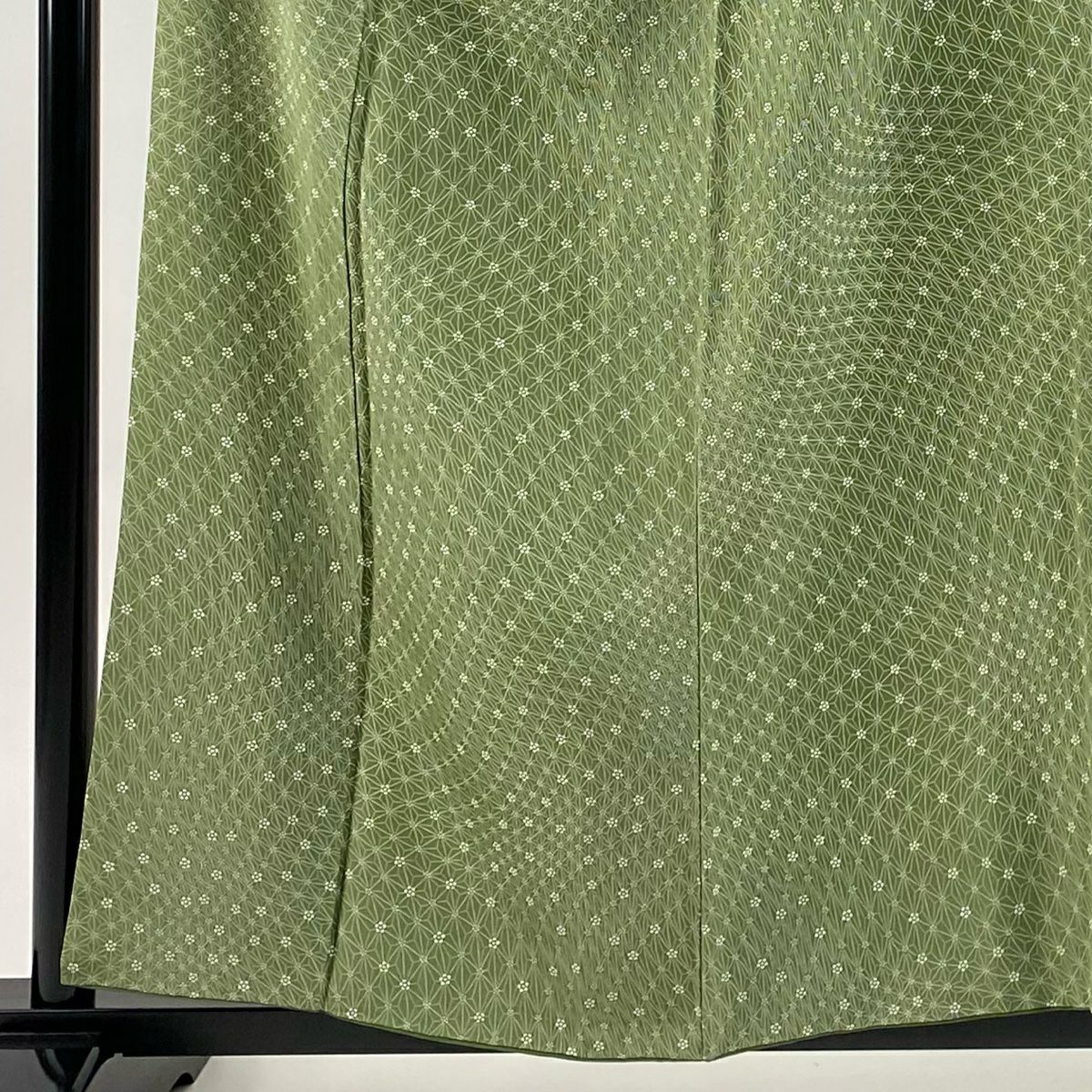 小紋 身長157cm 袖長67.5cm L 雙層 名古屋帶套裝 麻葉花 よもぎ色 純蠶絲 優品級