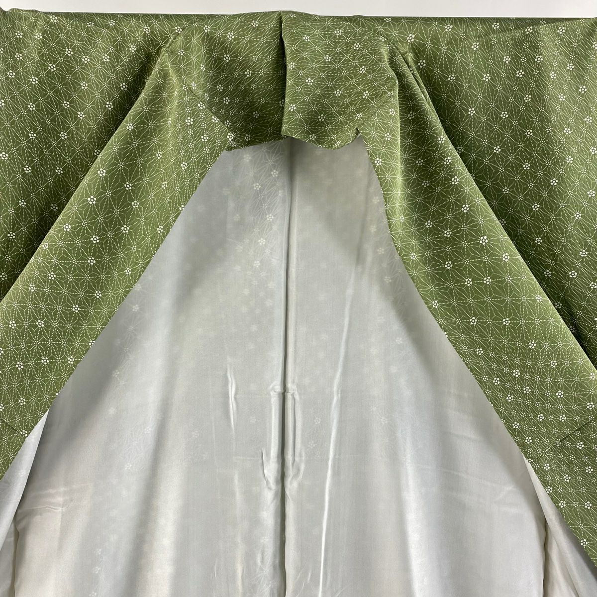 小紋 身長157cm 袖長67.5cm L 雙層 名古屋帶套裝 麻葉花 よもぎ色 純蠶絲 優品級