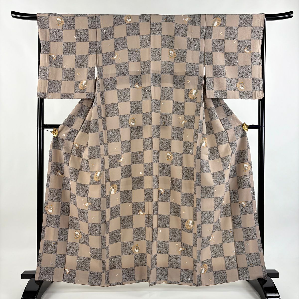 小紋 身長163cm 袖長65.5cm M 雙層 市松樹 兔子 淺茶 純蠶絲 名品級