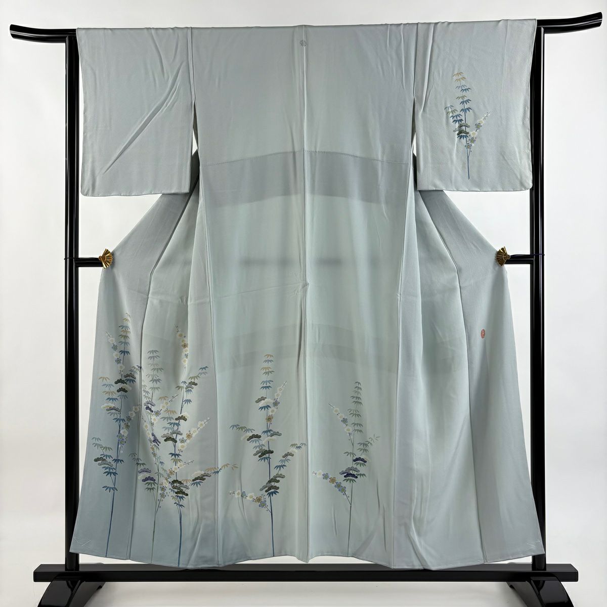 付下 身長153.5cm 袖長64cm M 雙層 落款有 松樹竹子梅花 漸層 灰綠 純蠶絲 名品級 一つ紋