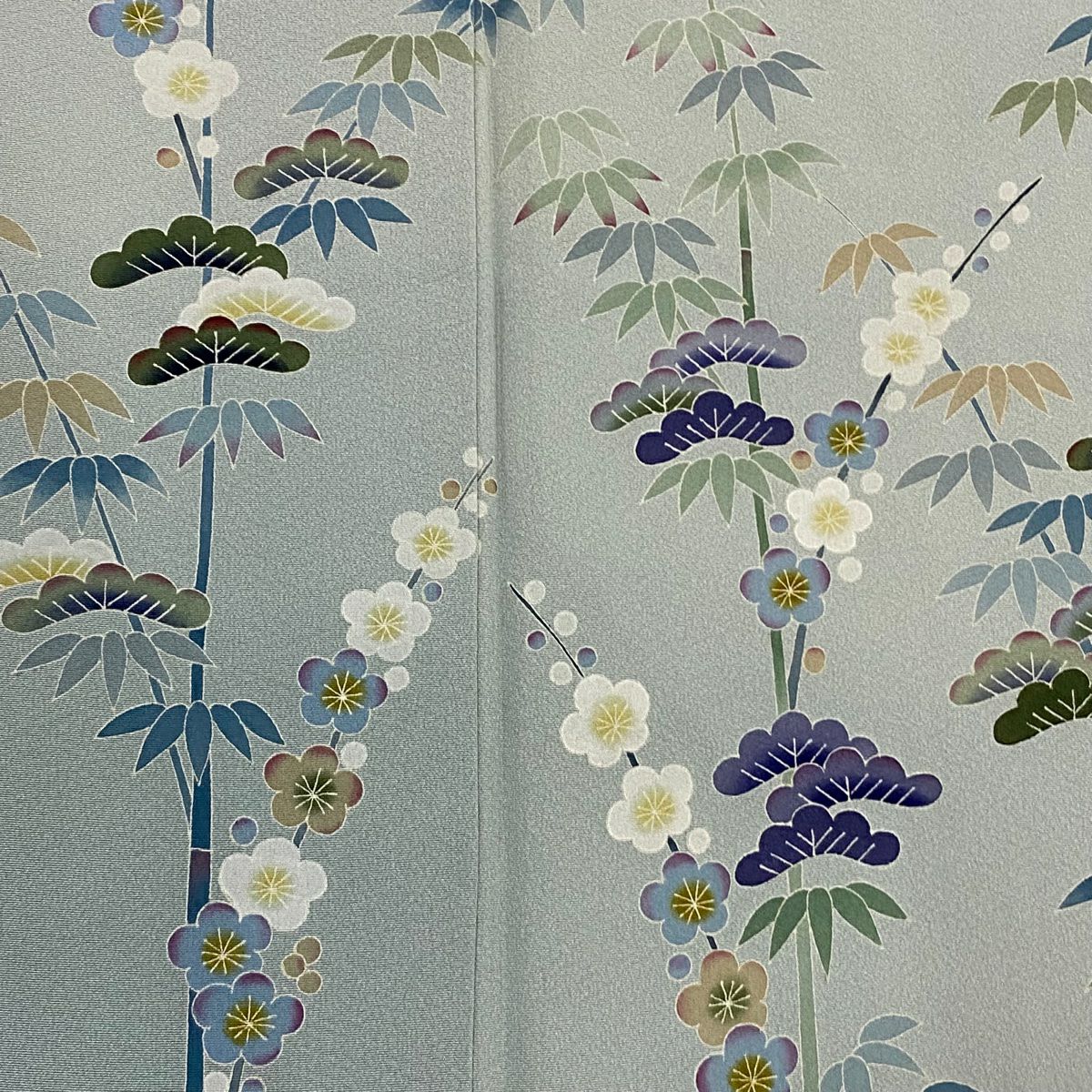 付下 身長153.5cm 袖長64cm M 雙層 落款有 松樹竹子梅花 漸層 灰綠 純蠶絲 名品級 一つ紋