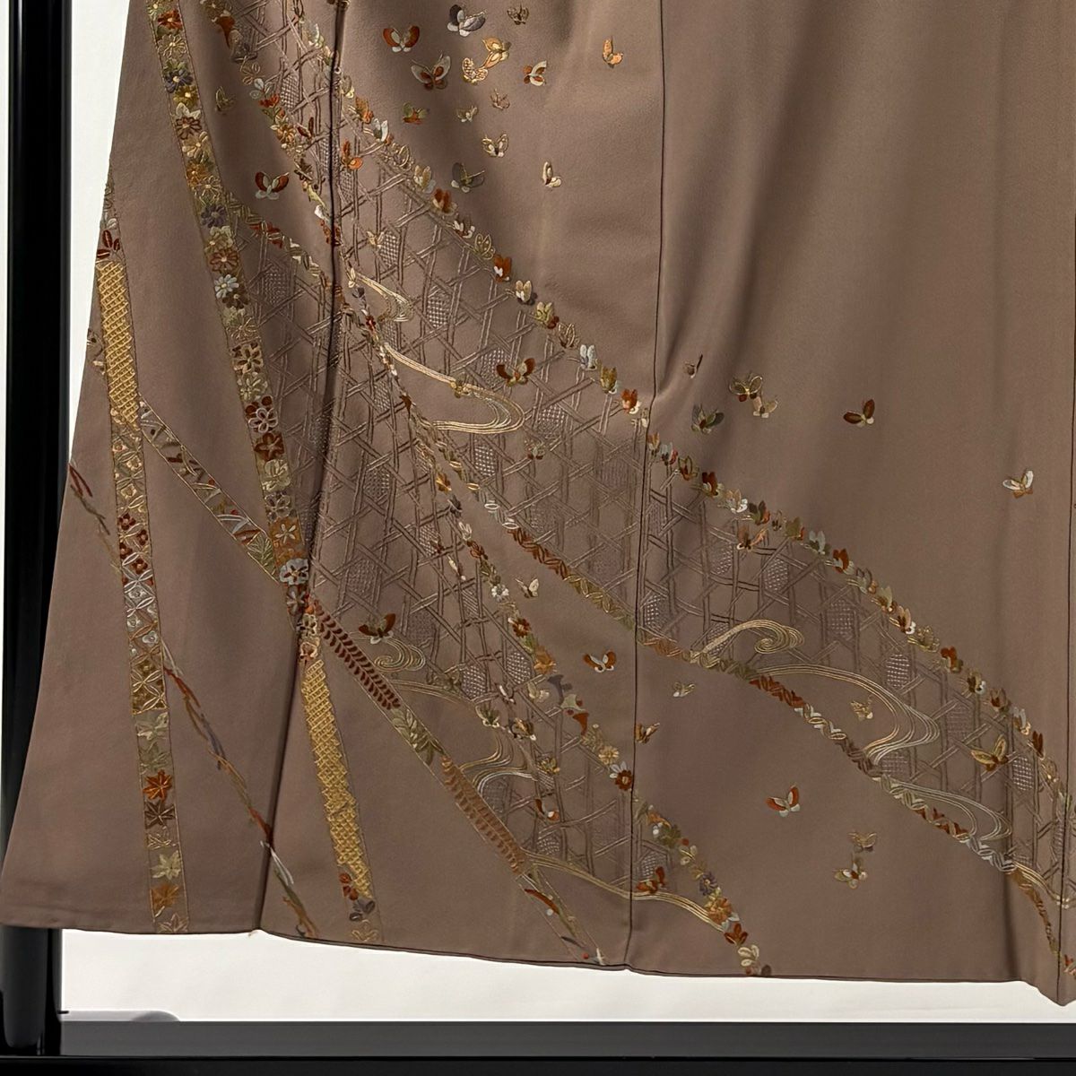 訪問服 身長152cm 袖長62cm S 雙層 蝶 草花紋紋 刺繡 金糸 淺茶 純蠶絲 名品級